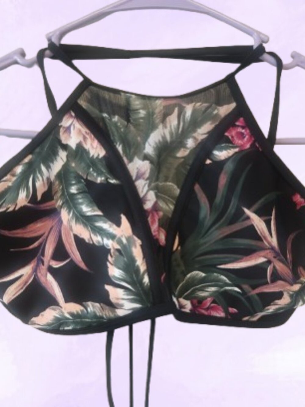Bebe floral flower tropical bikini top mesh middle in black, green and pink S